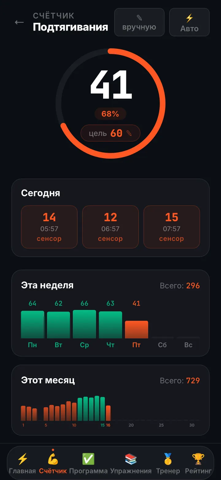 Экран счётчика подтягиваний